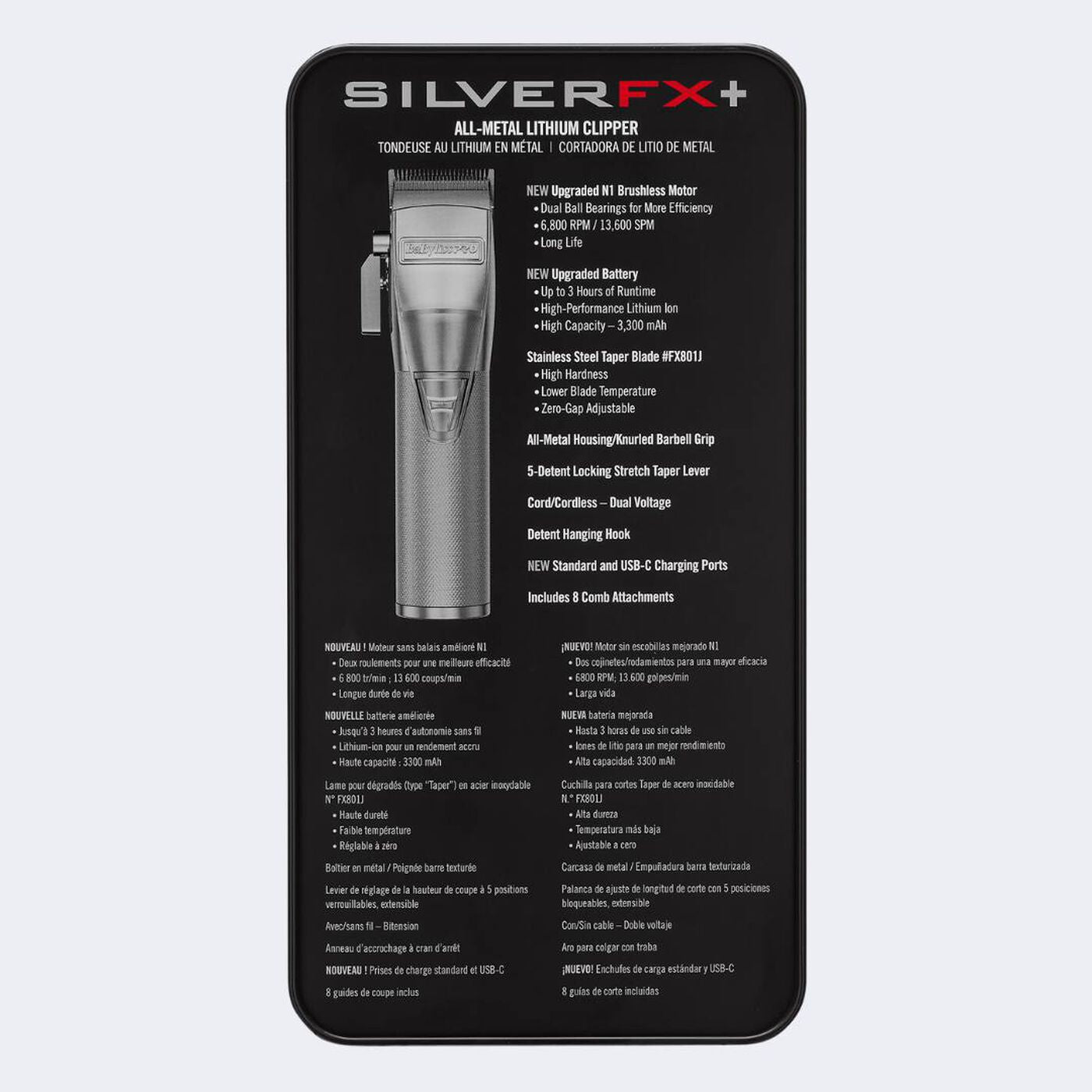 BaBylissPRO SilverFX+ All-metal Lithium Clipper - FX870NS - 6,800 RPM - 3 Hours of Runtime