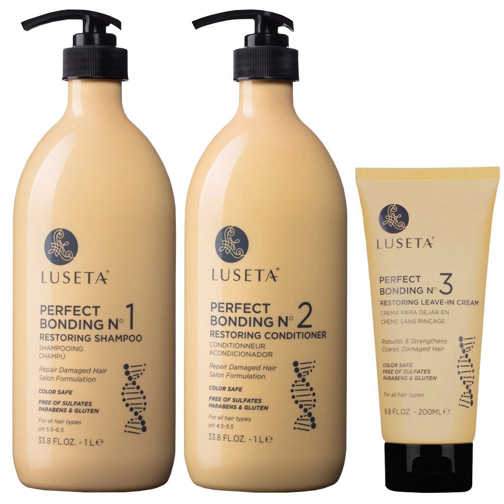 Luseta Perfect Bonding Restoring Set - No. 1 Restoring Shampoo 1 L -  No. 2 Restoring Conditioner 1 L  - No. 3 Restoring Leave-in Cream - Repair Damaged Hair For All Hair Types - Colour Safe