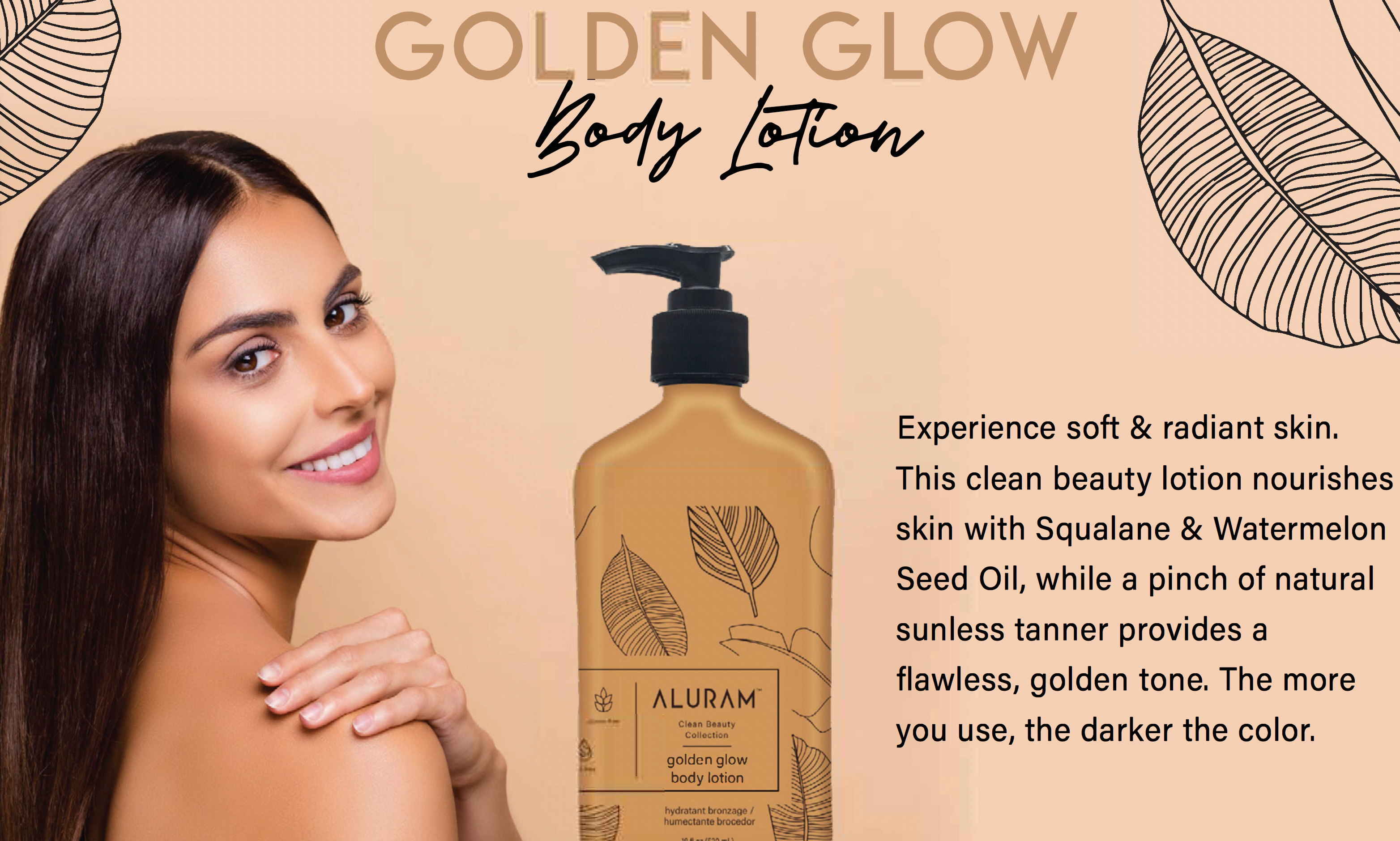 Aluram Golden Glow Body Lotion 18 oz. - 530 mL Skin Moisturizer & Natural Sunless Tanner