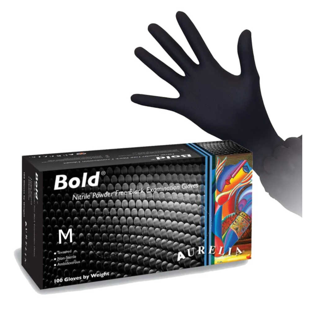 Aurelia Hair Colouring Black Nitrile Gloves - Medium - Disposable Powder Free Textured Gloves - 100 per box