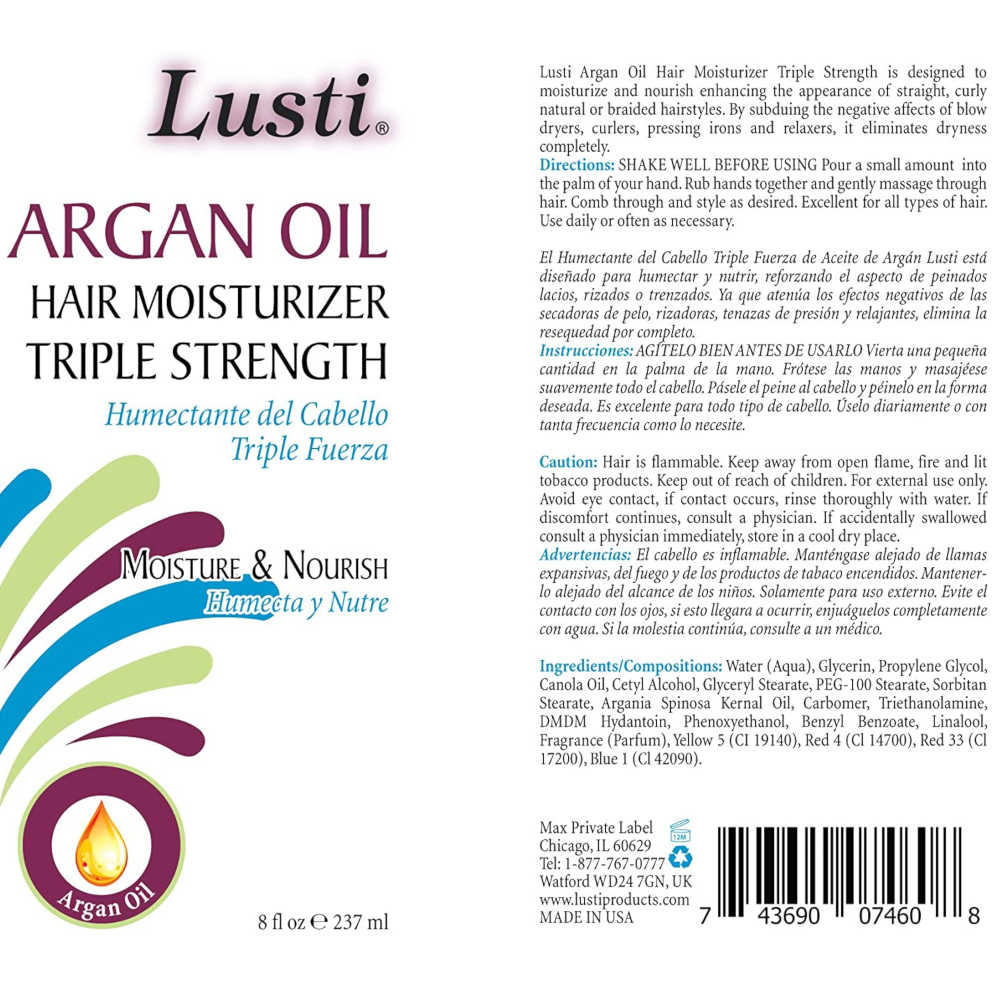 Lusti Argan Oil Hair Moisturizer Triple Strength 237 mL - Moisture & Nourish