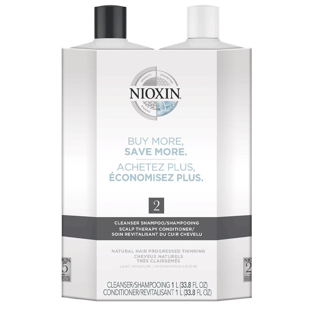 Nioxin System #2 - 1 Litre DUO - Shampoo + Conditioner - For Natural Hair Progressed Thinning