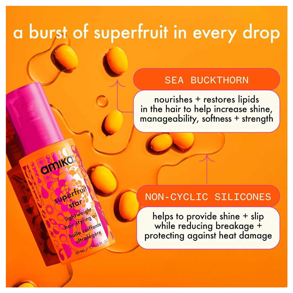 Amika Superfruit Star 50 mL / 1.7 oz. -  Lightweight Hair Styling + Heat Defense Oil | Heat Protection, Strengthen + Reduce Breakage Smooth Frizz, Add Glossy Shine