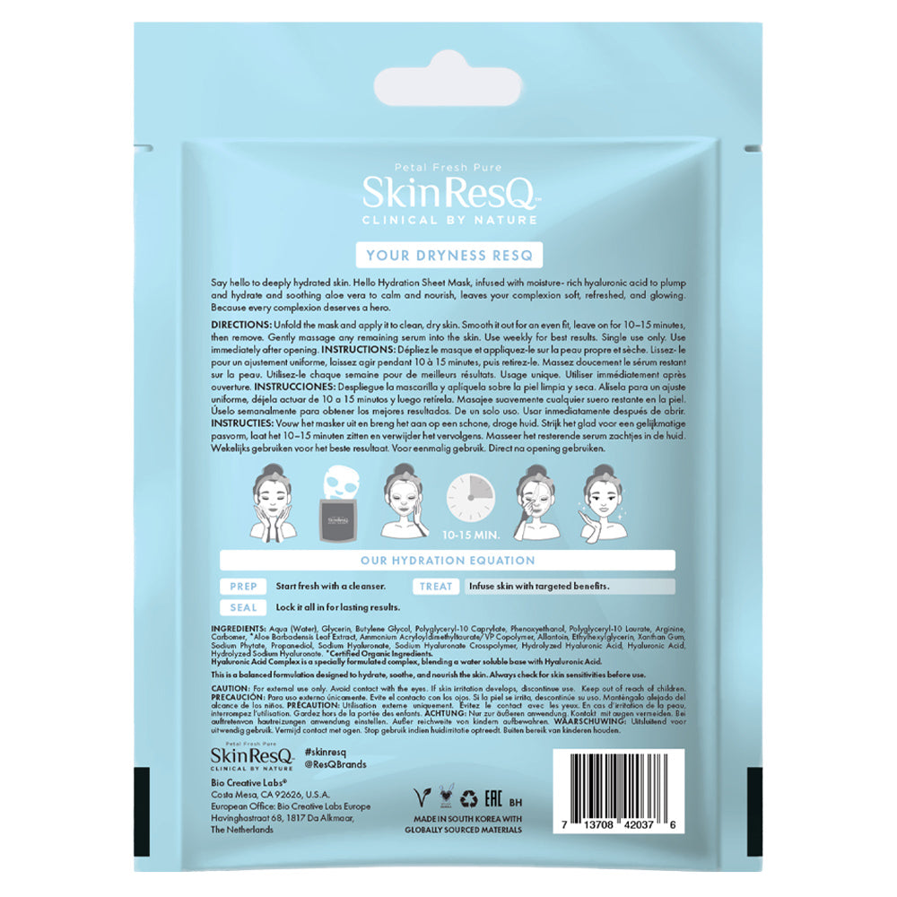 BCL SPA Skin RESQ™ Hello Hydration Sheet Mask – Pack of 7 - 0.88 oz. - Hyaluronic Acid Complex to Hydrate, Soothe & Nourish Skin - Made in South Korea