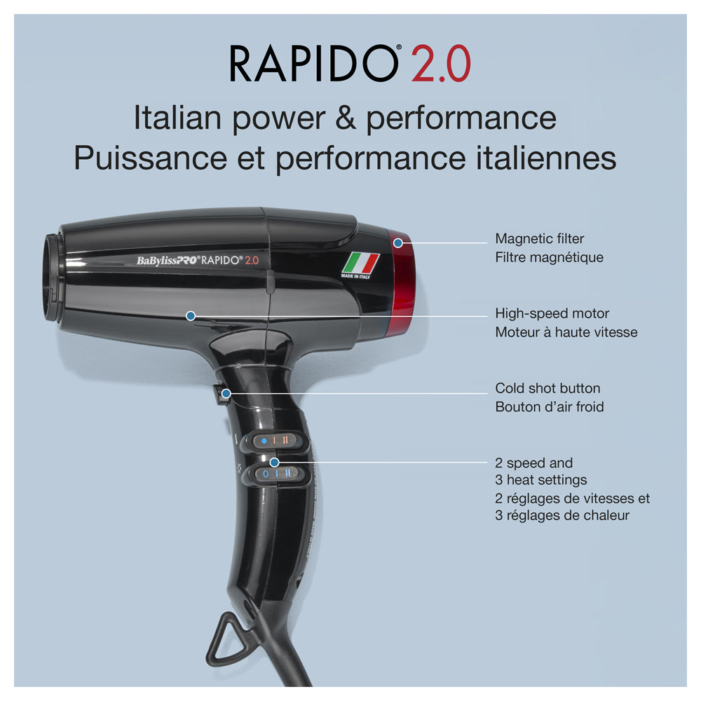 BaBylissPRO Rapido 2.0 High-performance Ionic Lightweight Hairdryer Crafted in Italy BRAP2C