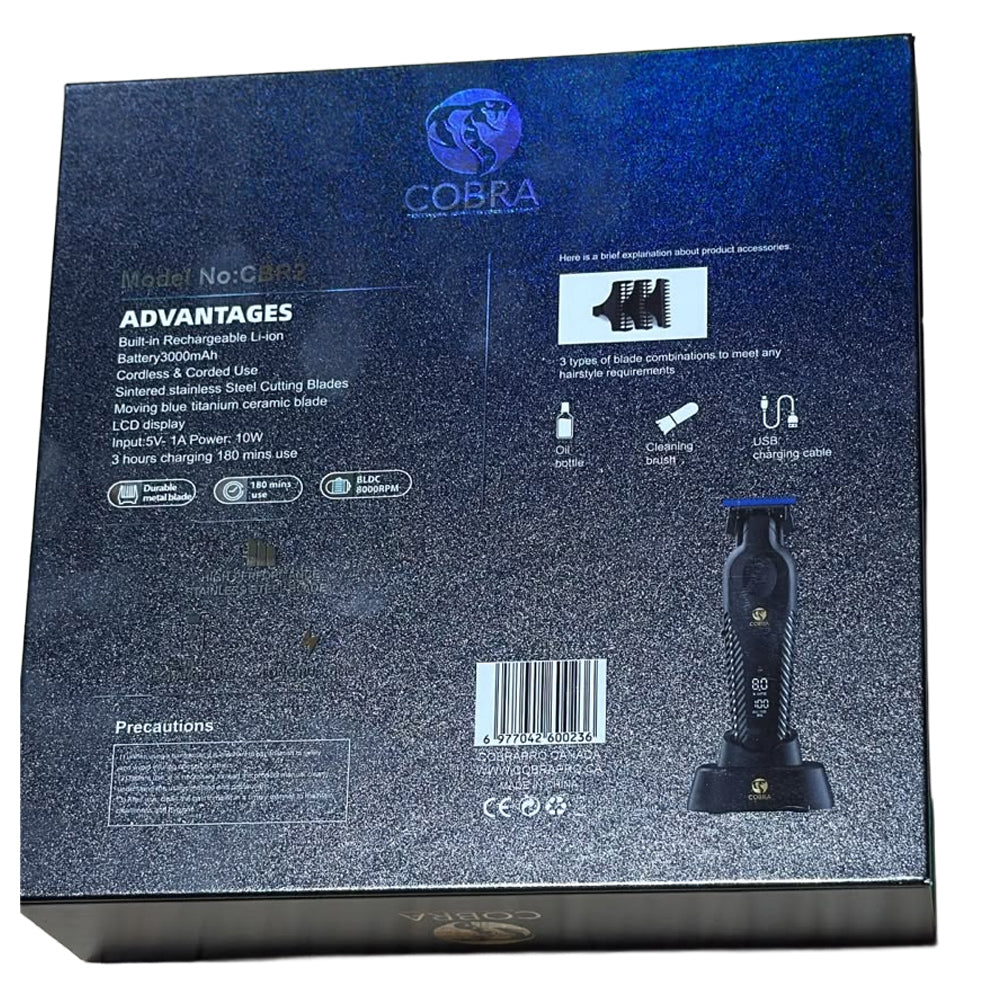 Cobra Brushless Precision Zero Gapped Trimmer, Digital Display, 180-Minute Runtime, Cordless with Charging Stand, Black, CBR2