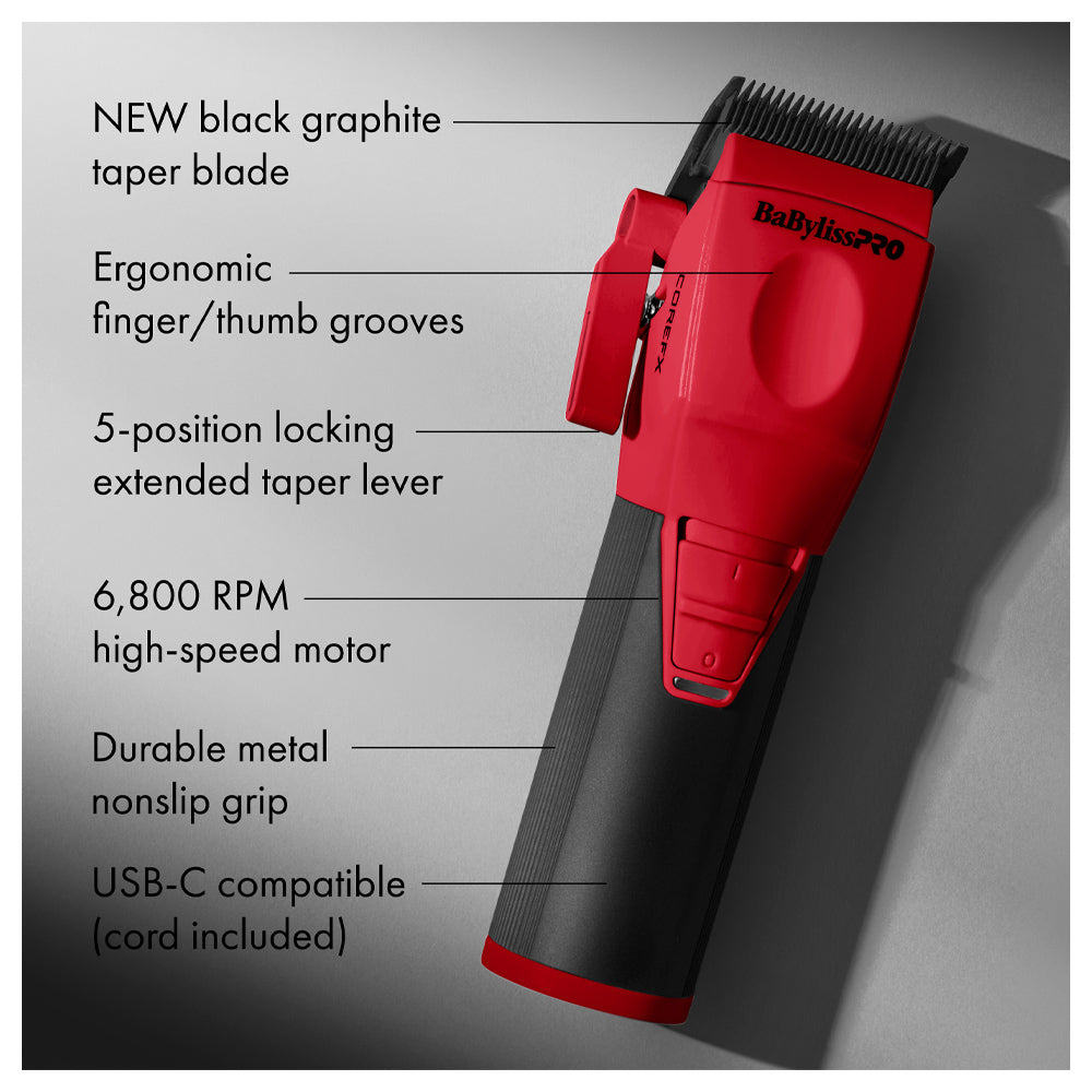 BaBylissPRO Red COREFX Clipper FX86RD -  USB-C Charging - Limited Edition Red