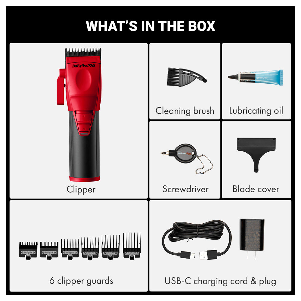 BaBylissPRO Red COREFX Clipper FX86RD -  USB-C Charging - Limited Edition Red