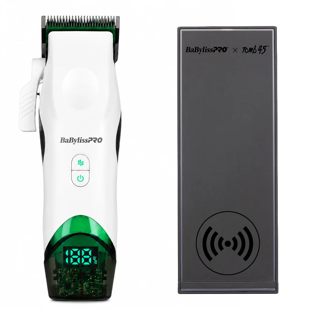 Tomb45 x BaBylissPRO White Wireless-Charging Hair Clipper FXT45CTW with Bonus Charging Mat Included
