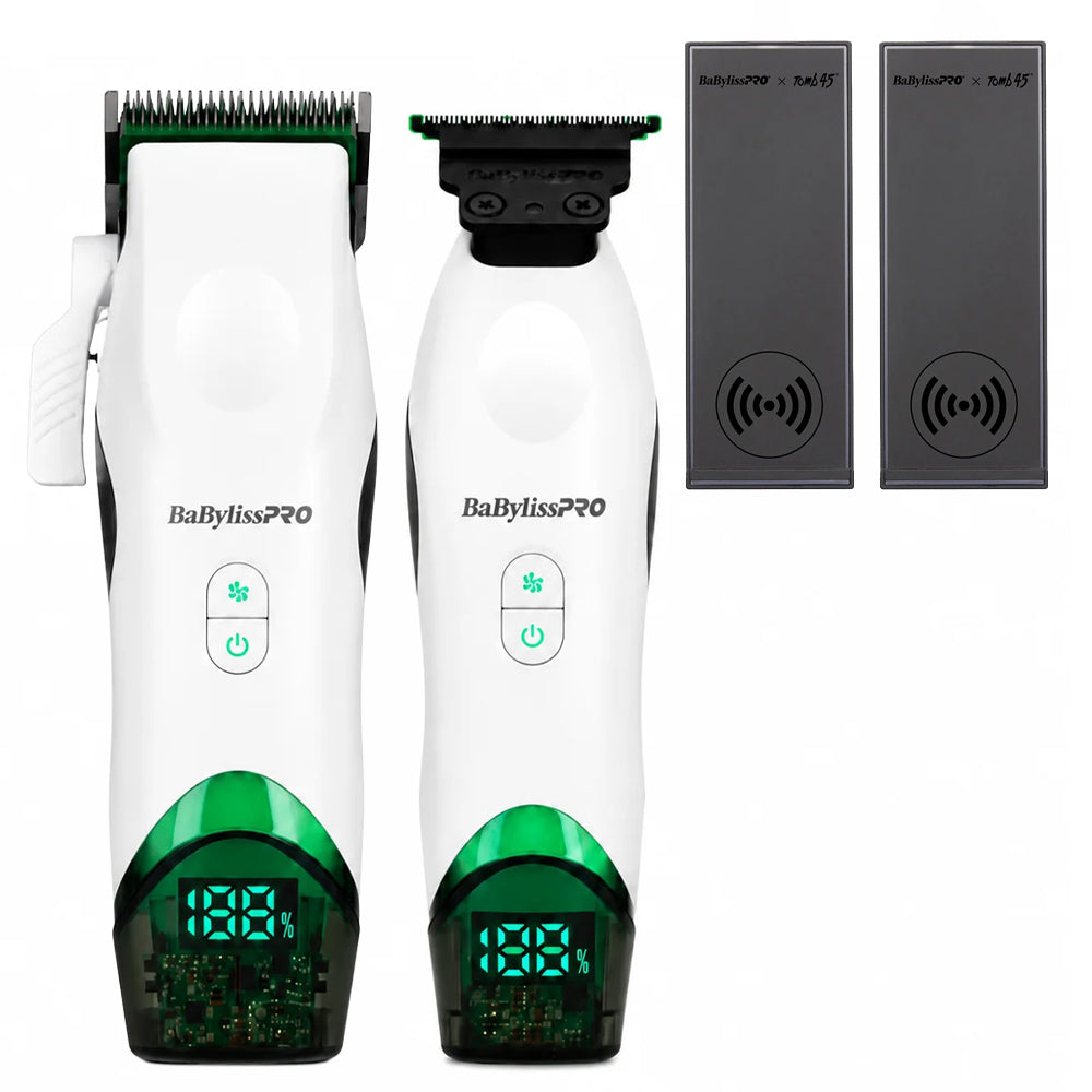 Tomb45 x BaBylissPRO Duo White Wireless Charging Clipper & Trimmer FXT45CTW + FXT45TTW with 2 Bonus Charging Mats