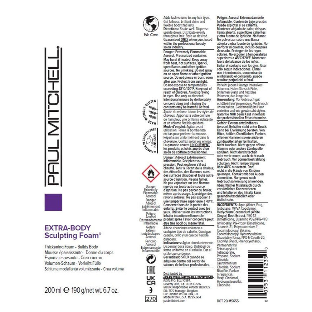 Paul Mitchell Extra-Body Sculpting Foam 200 mL / 6.7 oz. Adds Fullness, Touchable Finish, For Fine Hair