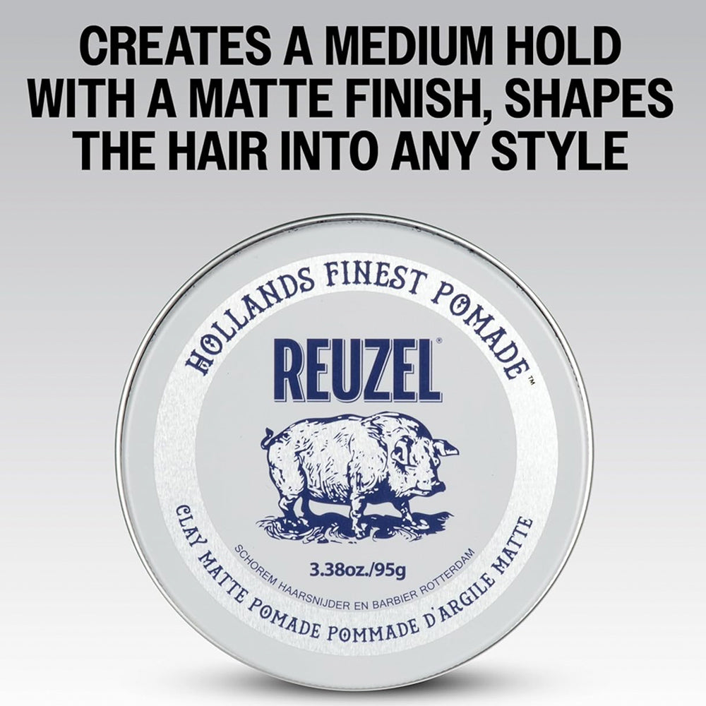 Reuzel Clay Matte Pomade 95 g (3.38 oz.) - Medium Hold With Light Shine Finish - For All Hair Types