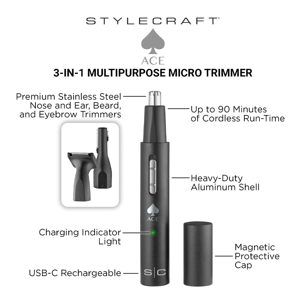 StyleCraft Ace Miro Trimmer - 3-in-1 USB-C Nose, Ear and Beard Trimmer SC420B