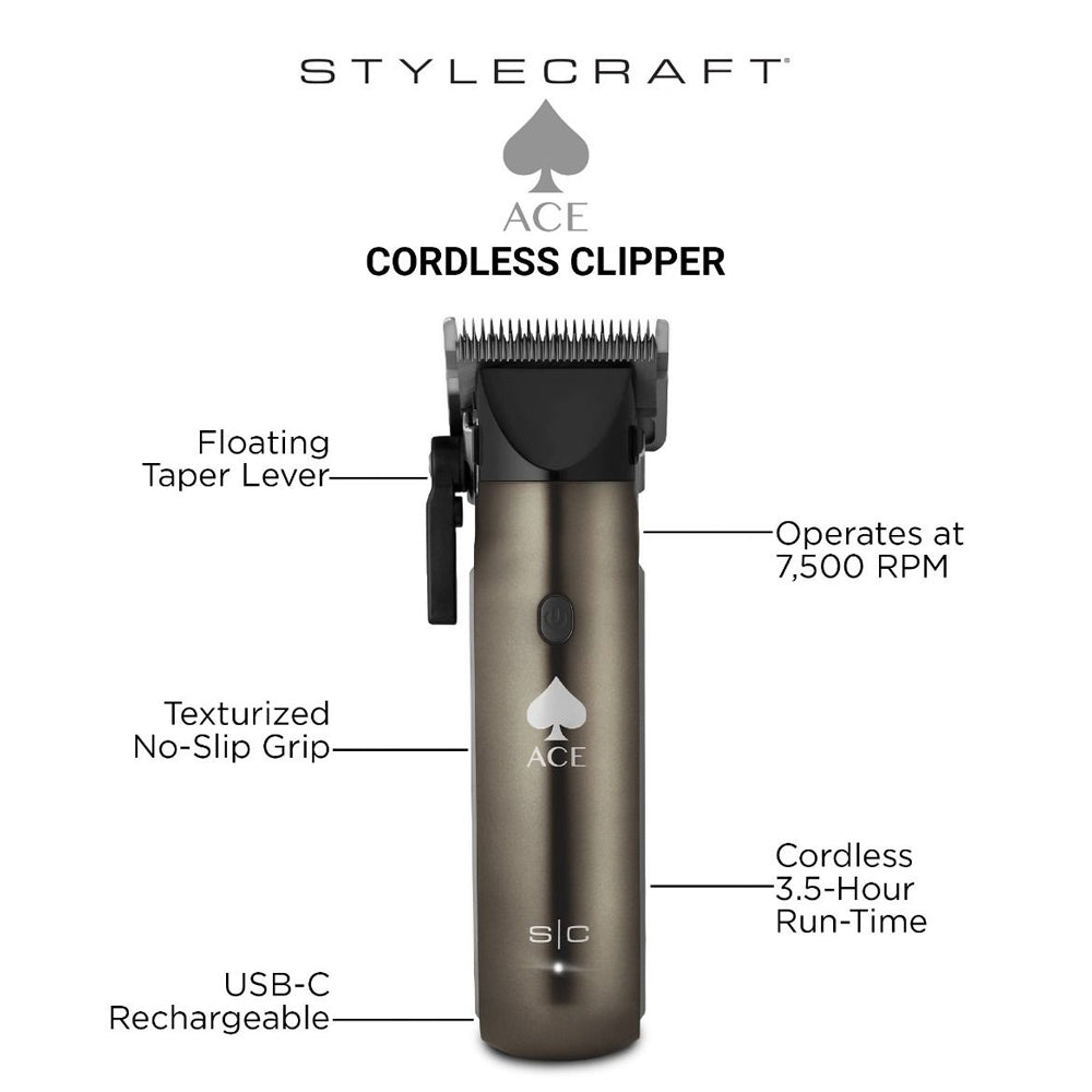 StyleCraft ACE Cordless Hair Clipper with Rotary Motor SC618GY USB-C and 3.5-hour run-time
