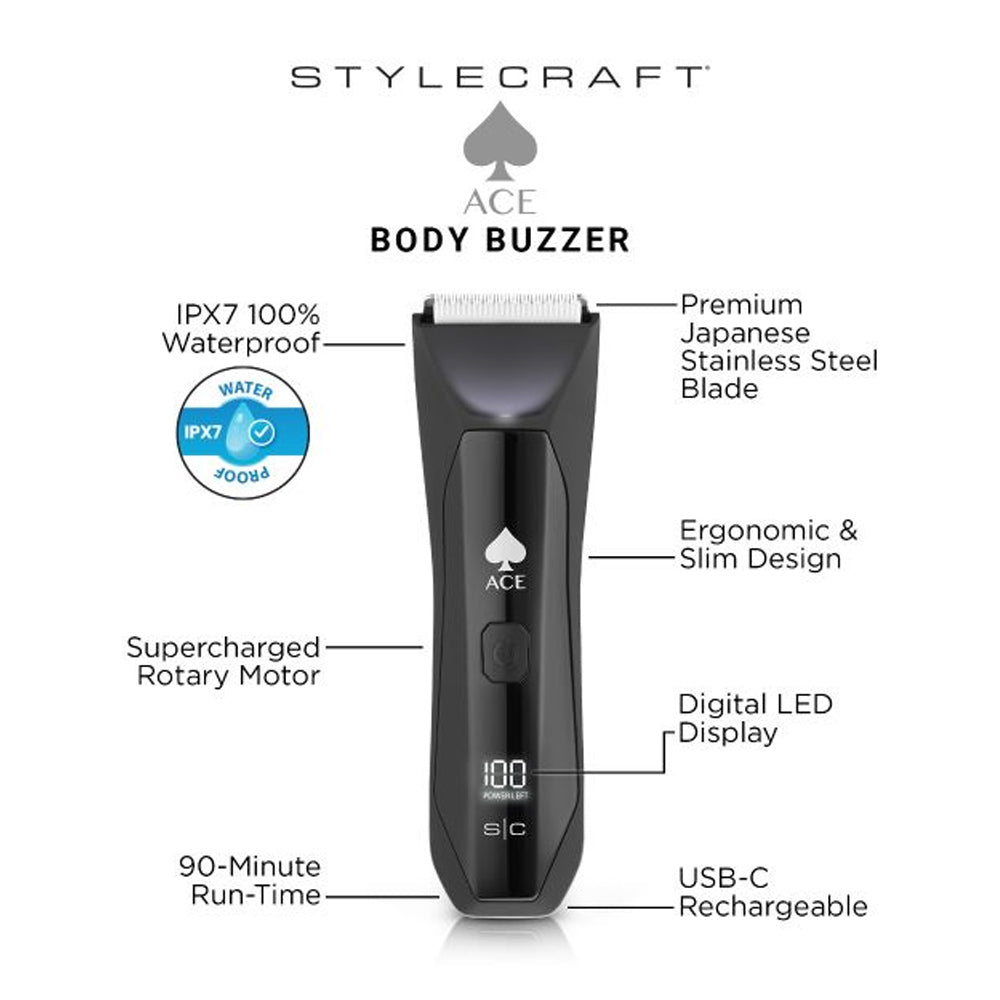 StyleCraft Ace Body Buzzer Hair Trimmer with Supercharged Rotary Motor - Full Body Shaving and Grooming