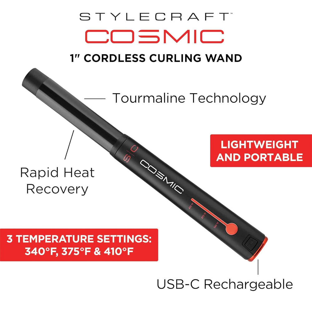 StyleCraft Cosmic - Cordless Curling Wand Hair Styler with USB-Charging SC706B