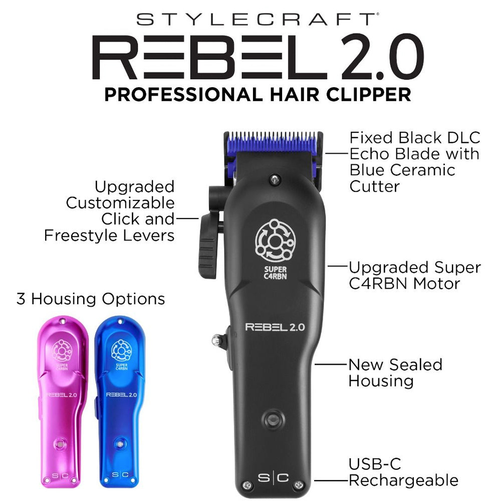 StyleCraft Rebel 2.0 SC601M Professional Hair Clipper with Super C4RBN Motor