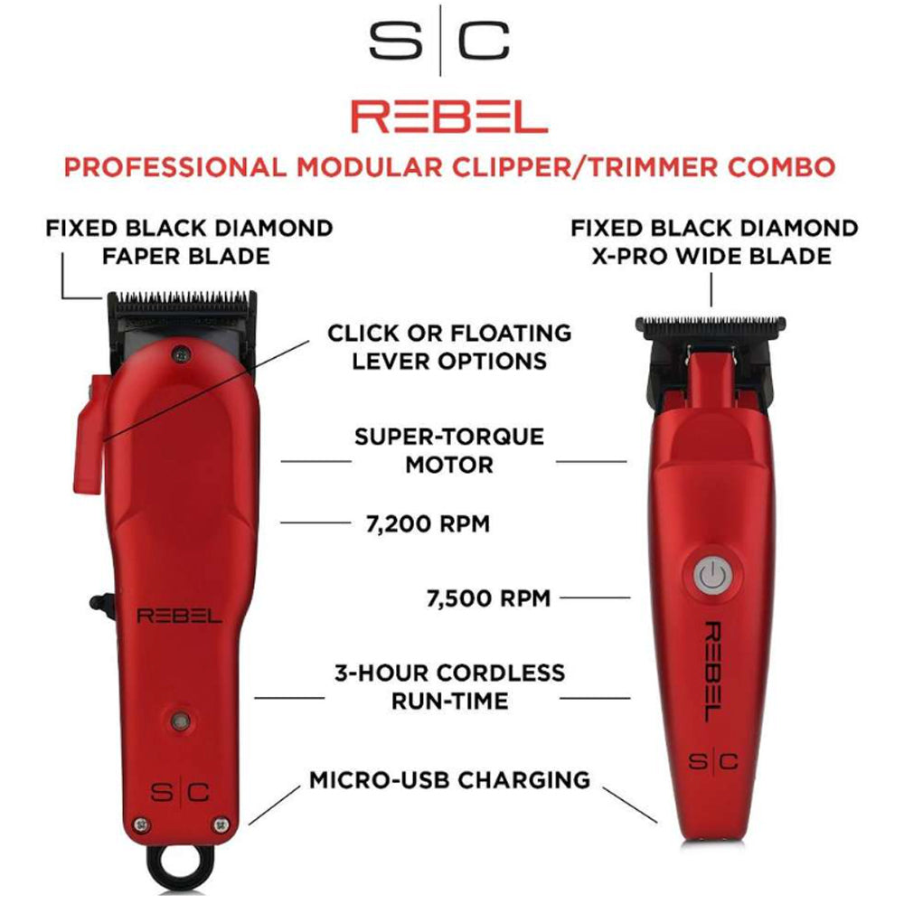 StyleCraft Rebel Combo Set - Professional Cordless Hair Clipper and Hair Trimmer Set with Super-Torque Motor SC203R