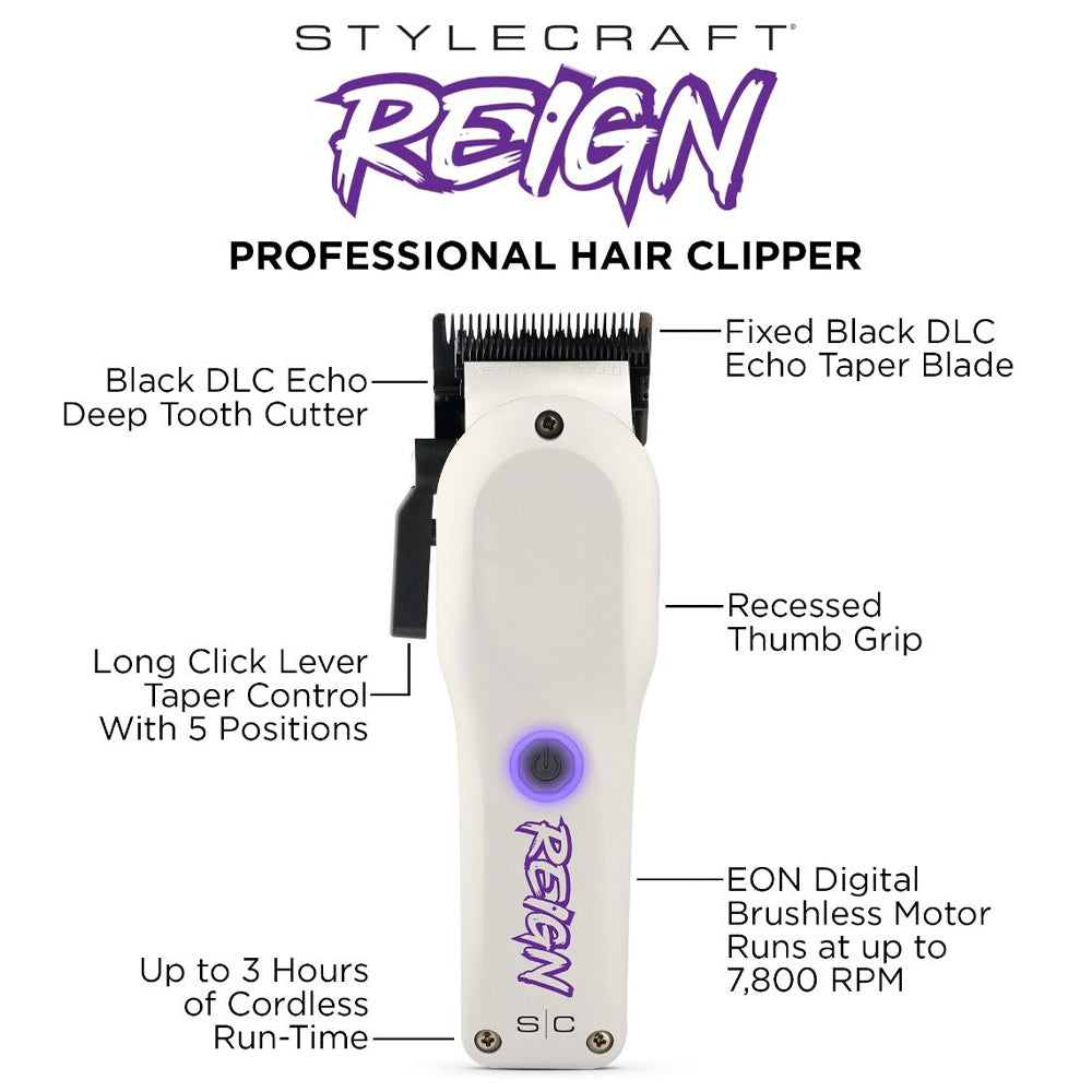 StyleCraft Reign Professional Hair Clipper with EON Digital Brushless Motor SC620W