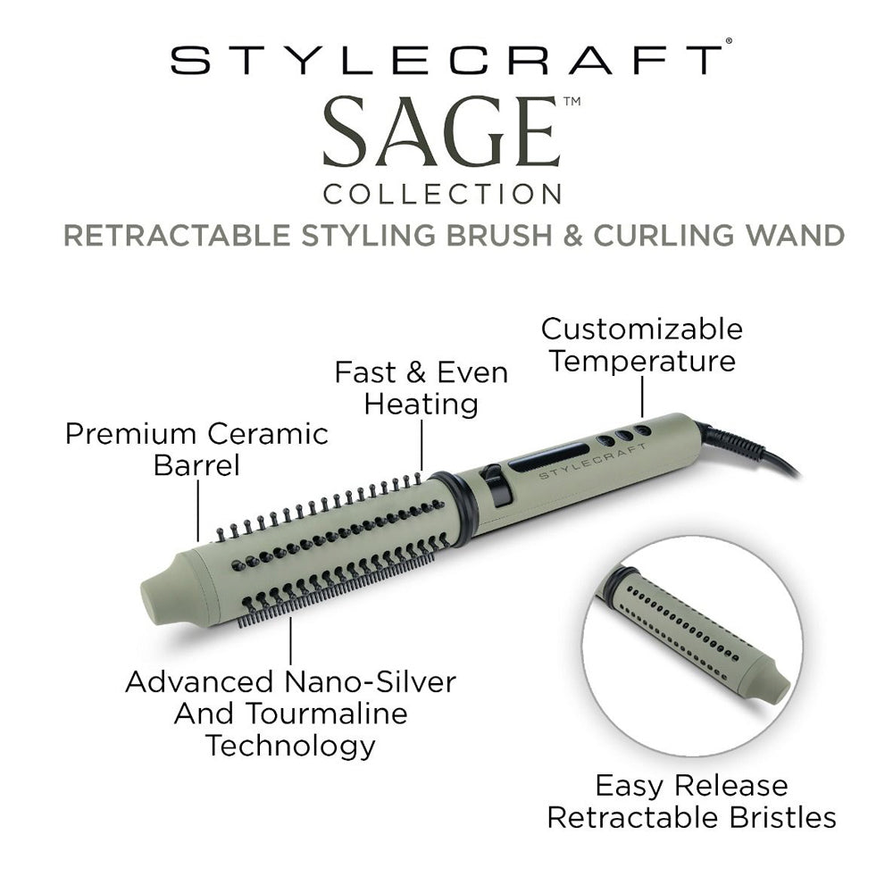 StyleCraft Sage Professional Retractable Styling Brush & Curling Wand SC716GR for Smoothness and Shine