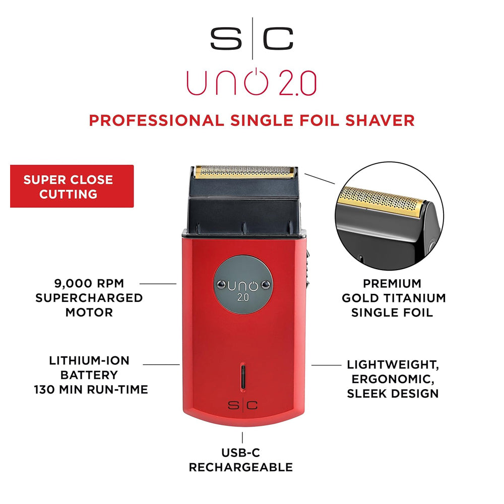 StyleCraft Uno 2.0 Single Foil Shaver with Supercharged Motor SC803R USB-C, Portable Travel Size, Gold Titanium Premium Head