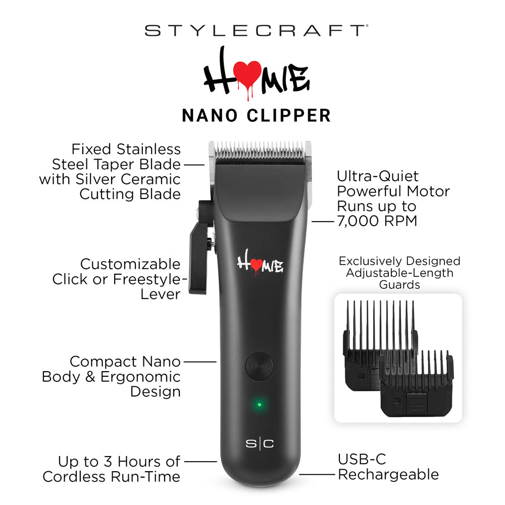 StyleCraft Homie Nano Clipper SC628B - Whisper-Quiet, Compact, Adjustable Guards