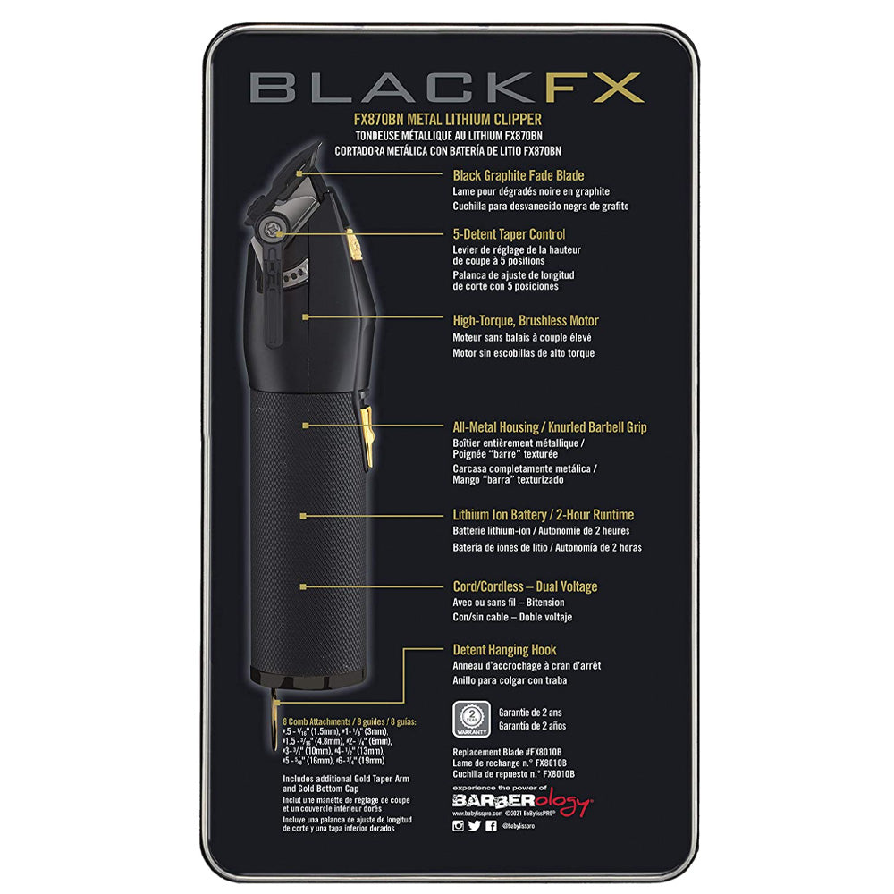 BaBylissPRO BlackFX Metal Lithium Hair Clippers - For Cutting All Hair Types - Cord/Cordless High-Torque Brushless Motor - FX870BN