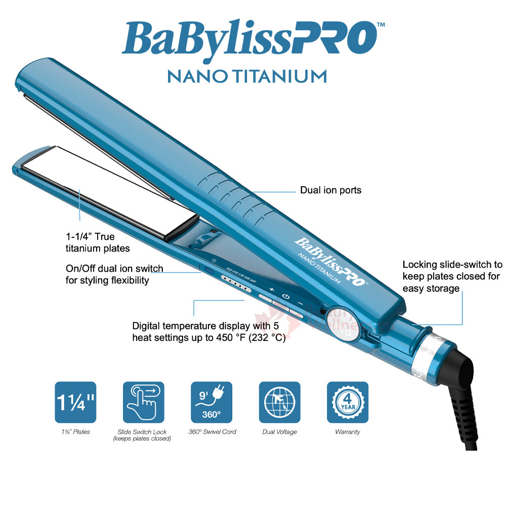 BaBylissPRO Nano Titanium Flat Iron 1-1/4” with New Dual Ionic Technology - BNT9125TC