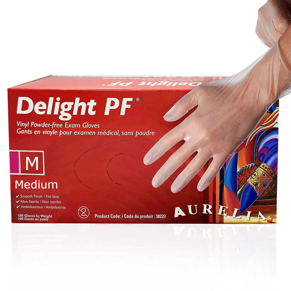 Aurelia Delight PF Hair Colouring Gloves - Medium - Disposable White Vinyl Powder Free Gloves - 100 per box