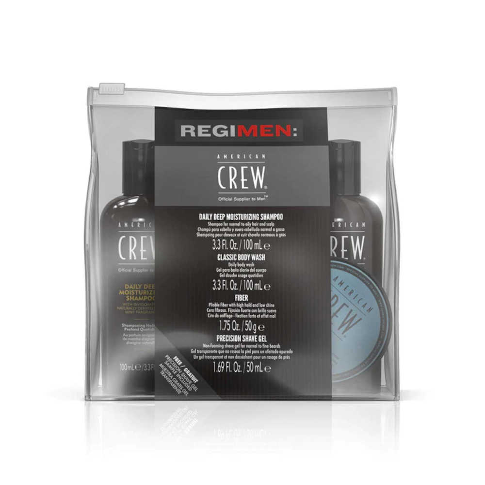 American Crew Travel Kit - A Perfect Gift Of Travel-Sized Essentials - Fiber, Shampoo, Body Wash and Shave Gel