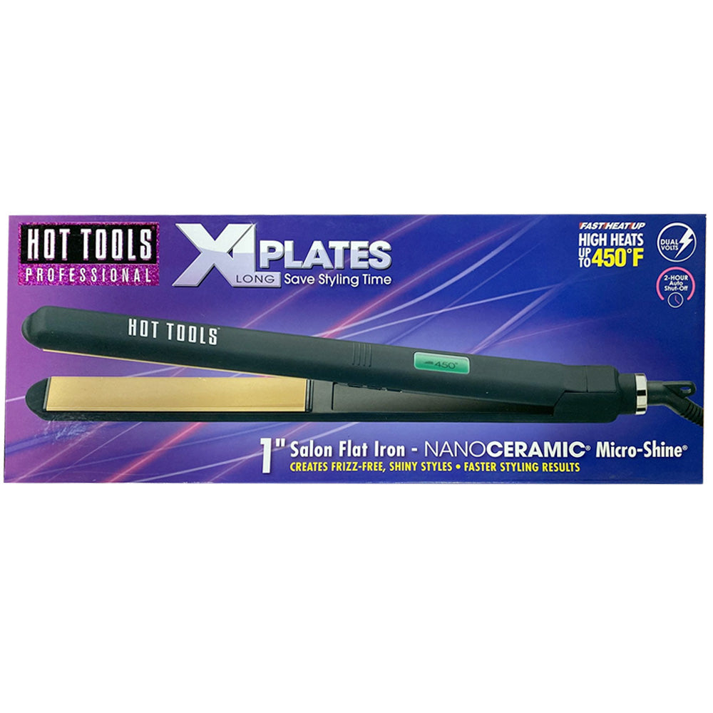 Hot Tools Nano Ceramic Flat Iron Extra-Long 1" Plates - Dual Voltage - Heats to 450°F - HT7112FCN