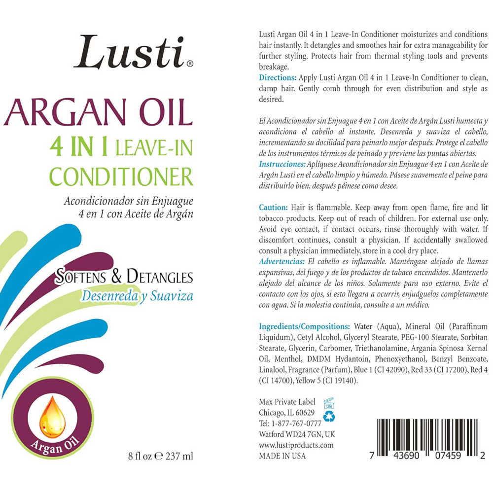 Lusti Argan Oil 4-In-1 Leave In Conditioner 237 mL - Softens & Detangles