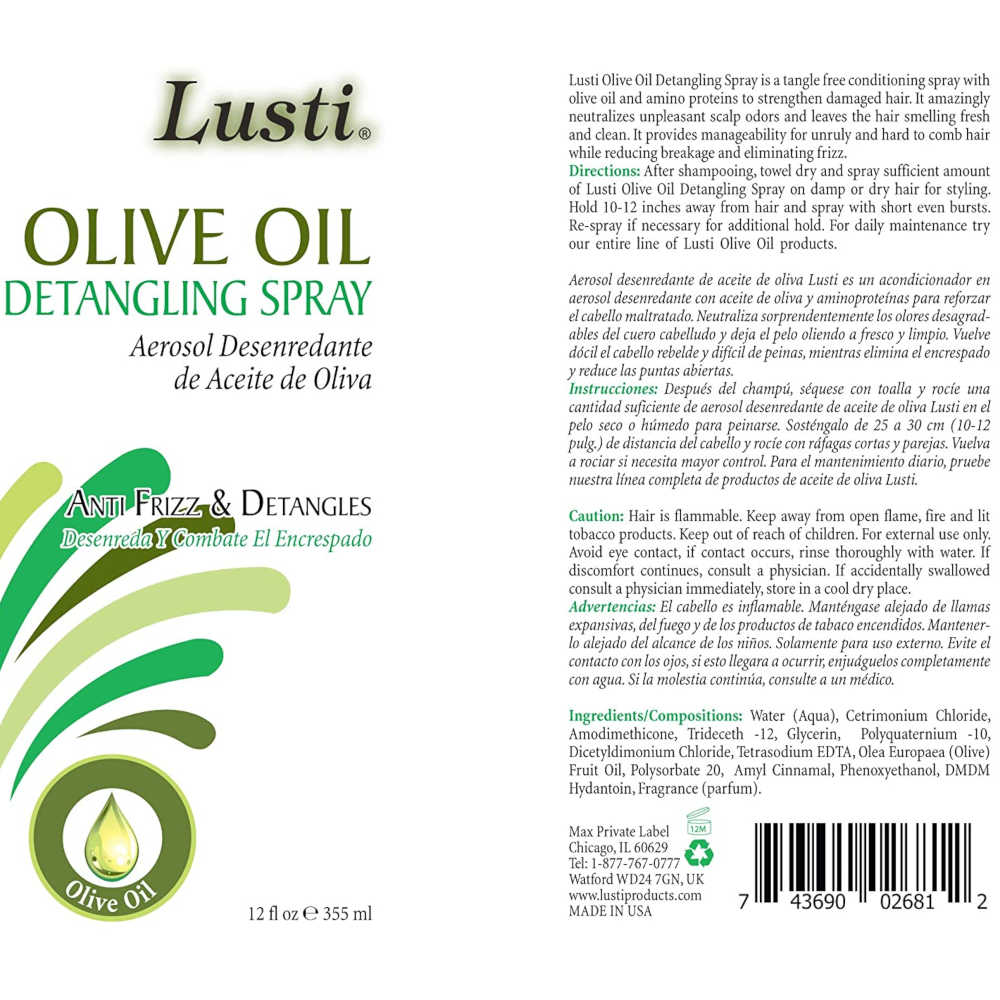 Lusti Olive Oil Detangling Spray 355 mL - For Detangling & Anti-Frizz